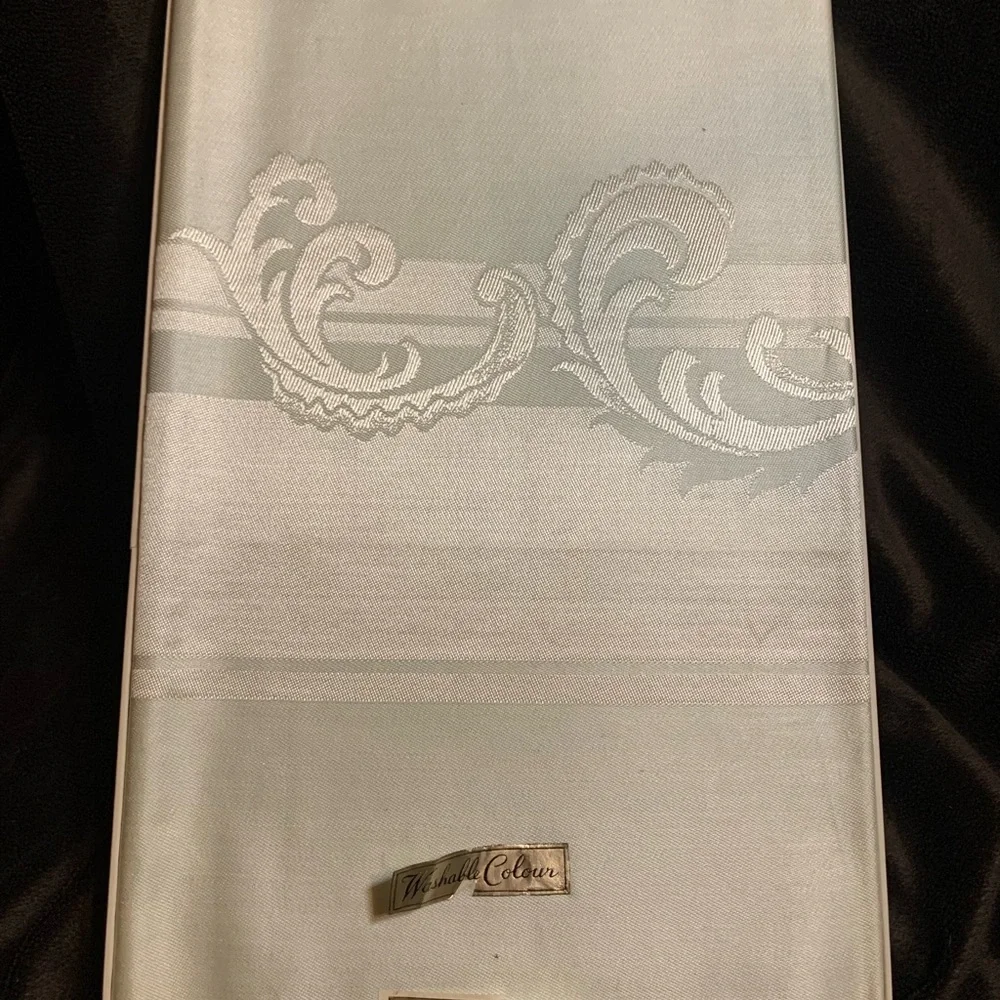 VINTAGE Imported Damask cotton rayon 54” X 72” tablecloth in original box